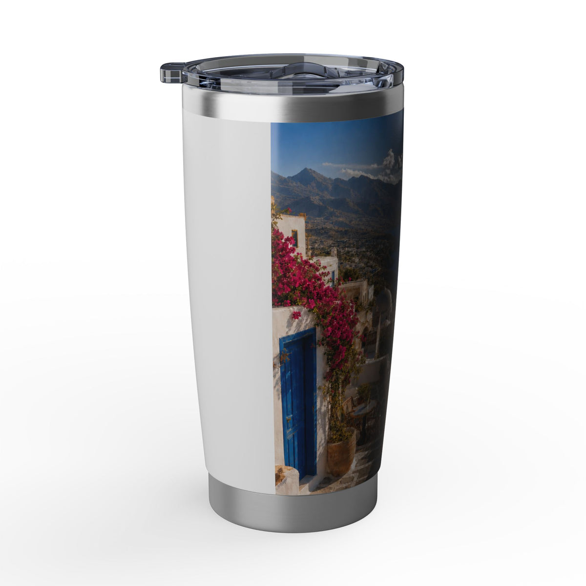 Greek Coast Travel Tumbler – 'Carefree' Scenic 20oz Insulated Cup