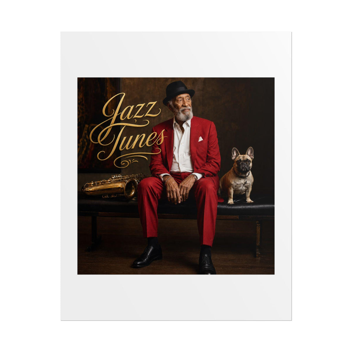 Vintage Jazz Musician Poster Dapper Man, Saxophone, French Bulldog Wall Art (Rolled Poster)