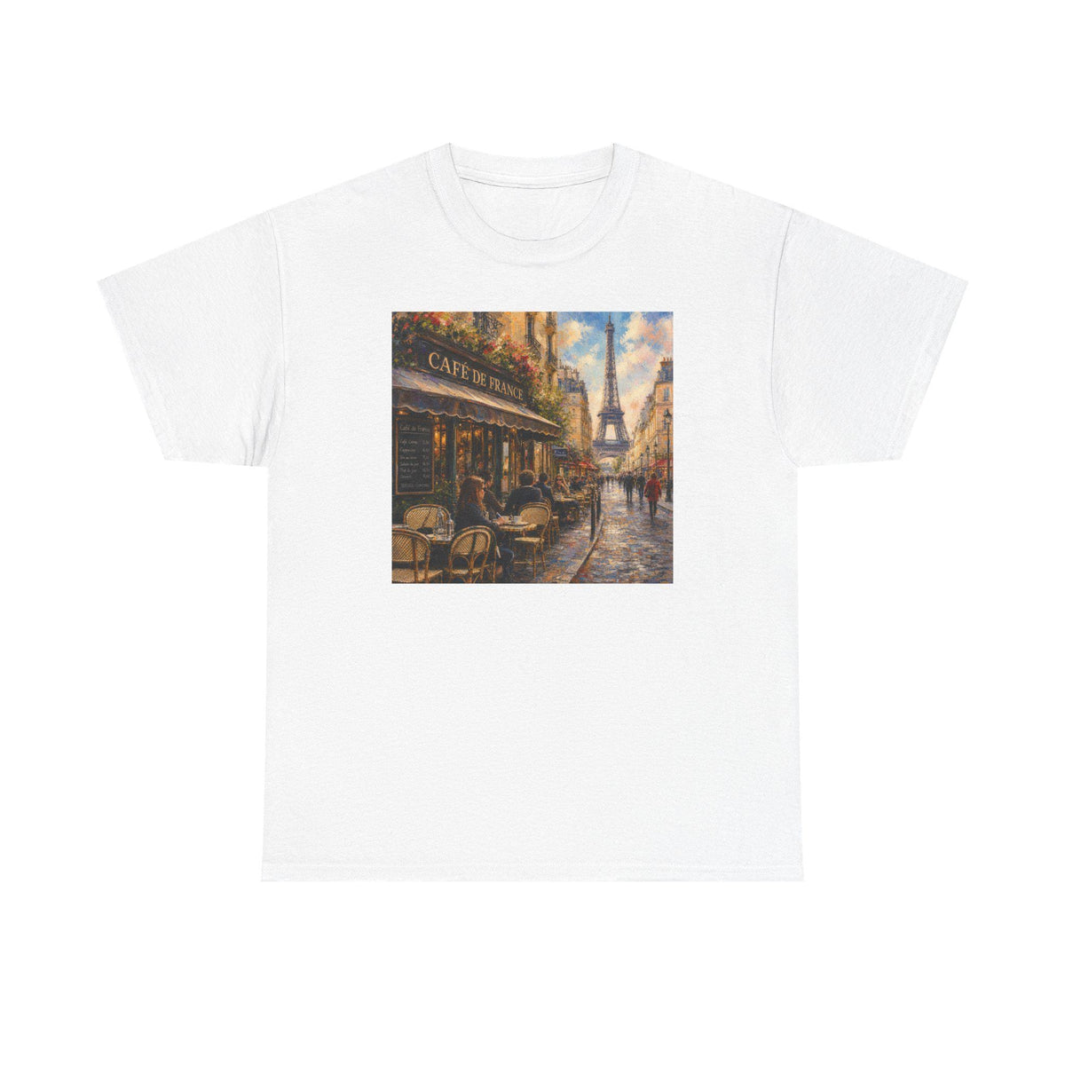 Paris Cafe Street Scene Tee | Eiffel Tower Cityscape, Cozy Autumn Colors