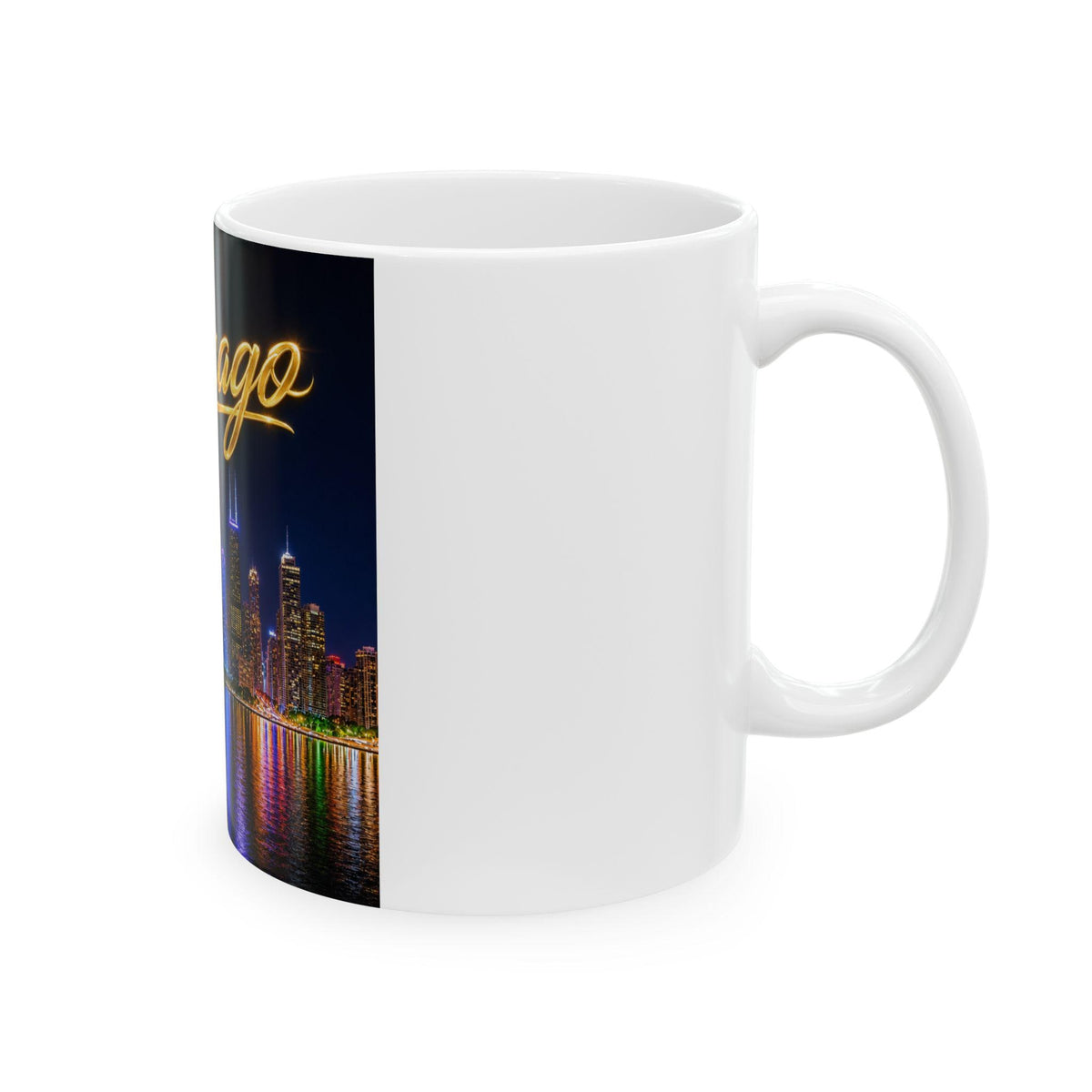 Chicago skyline neon script Mug | Cityscape reflection ceramic mug