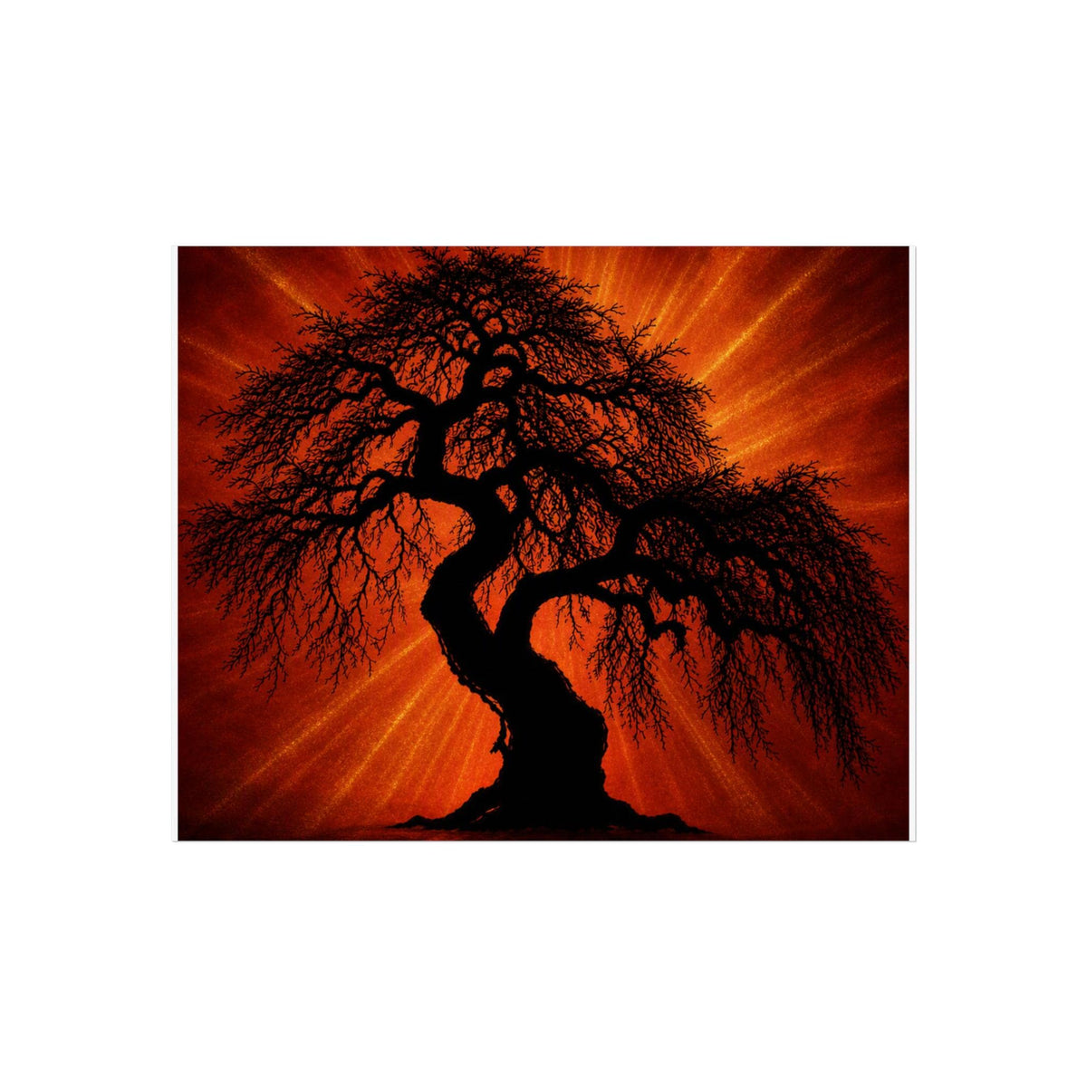 Silhouette Bonsai Tree Fine Art Poster | Fiery Red Sunburst