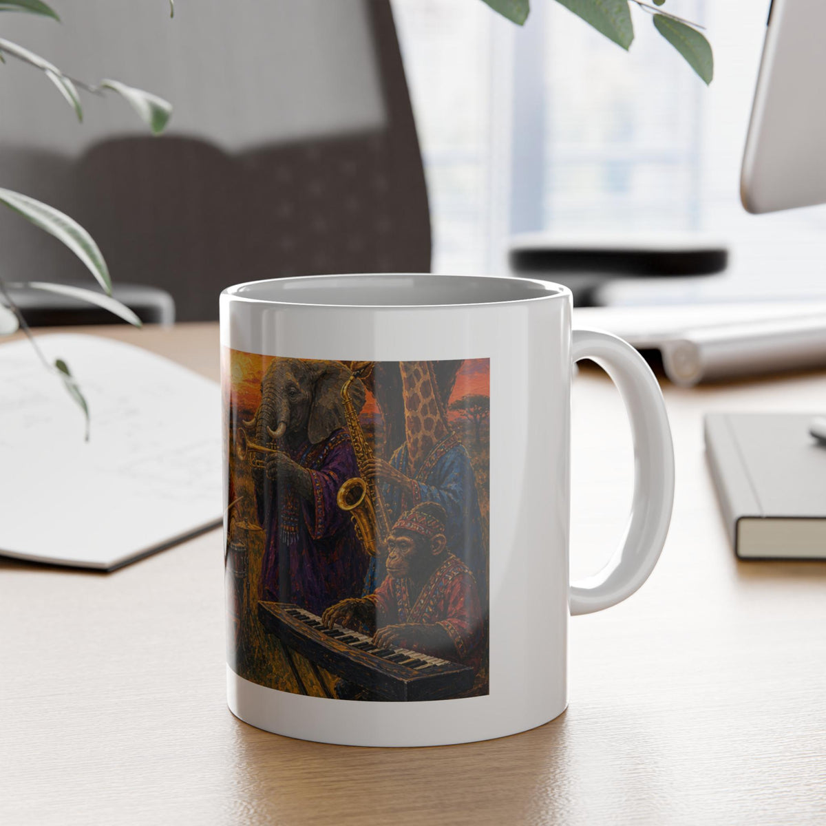 African Animal Jazz Band Mug | Lion Elephant Gorilla Sunset Illustration