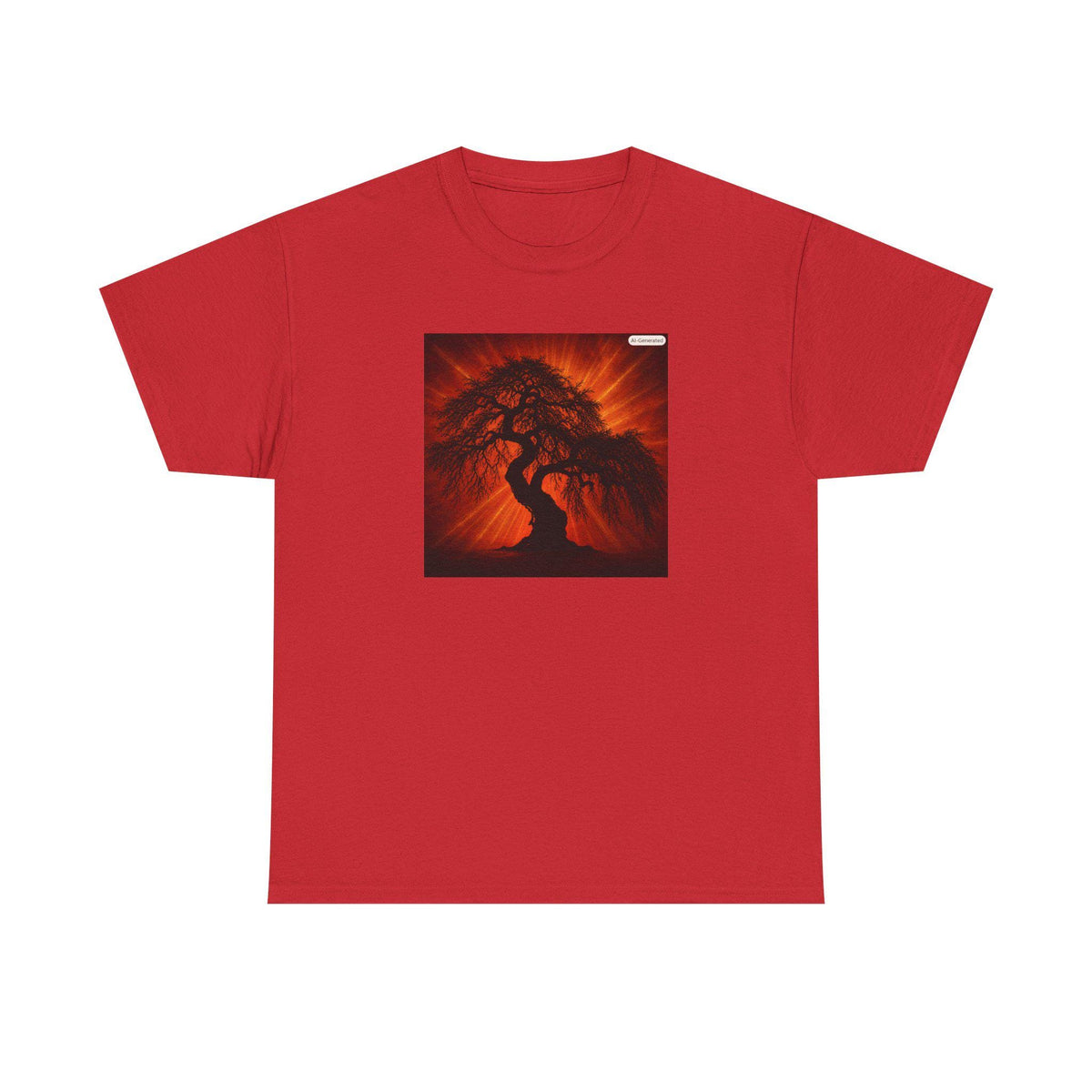 Fiery Bonsai Tree Tee | Zen Tree Silhouette, Sunset Red Graphic Shirt