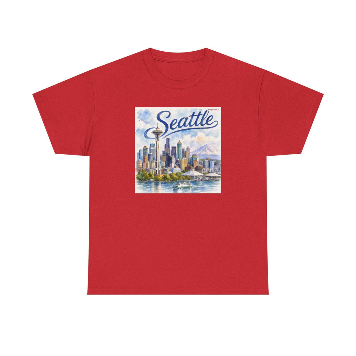 Seattle Skyline Illustration T-Shirt | Cityscape, Waterfront, Mount Rainier