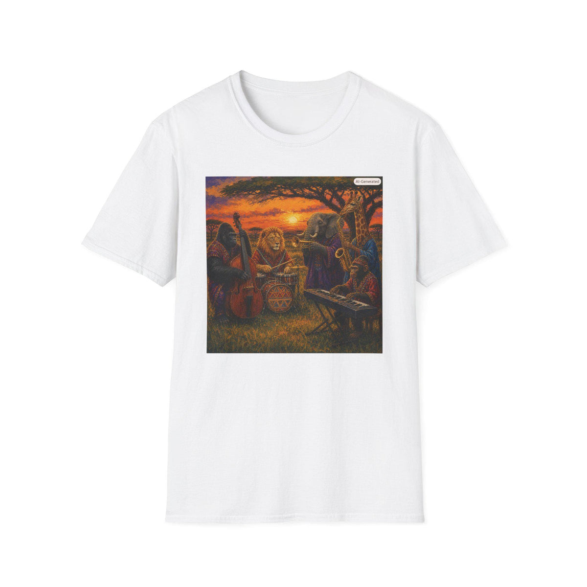animal Jazz Band Illustration T-Shirt | Sunset Savanna Scene
