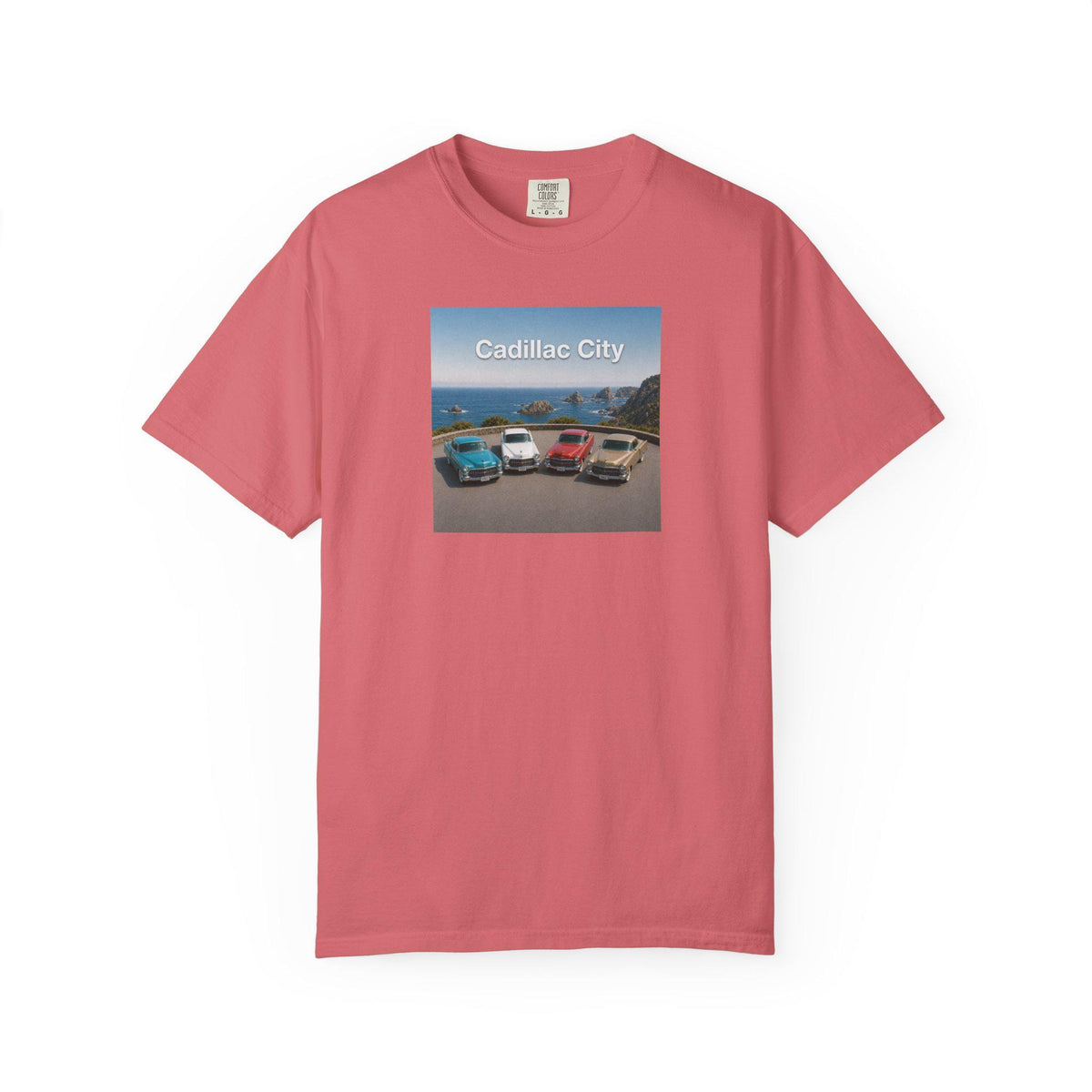 Cadillac City vintage cars graphic T-shirt | classic car beach scene