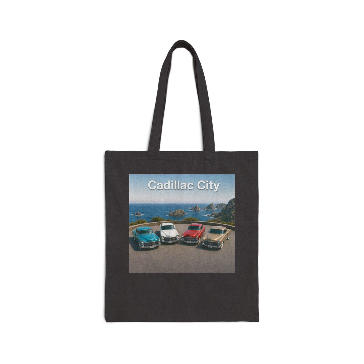 Cadillac City Vintage Cars Tote Bag | Classic Roadtrip Beach Scene