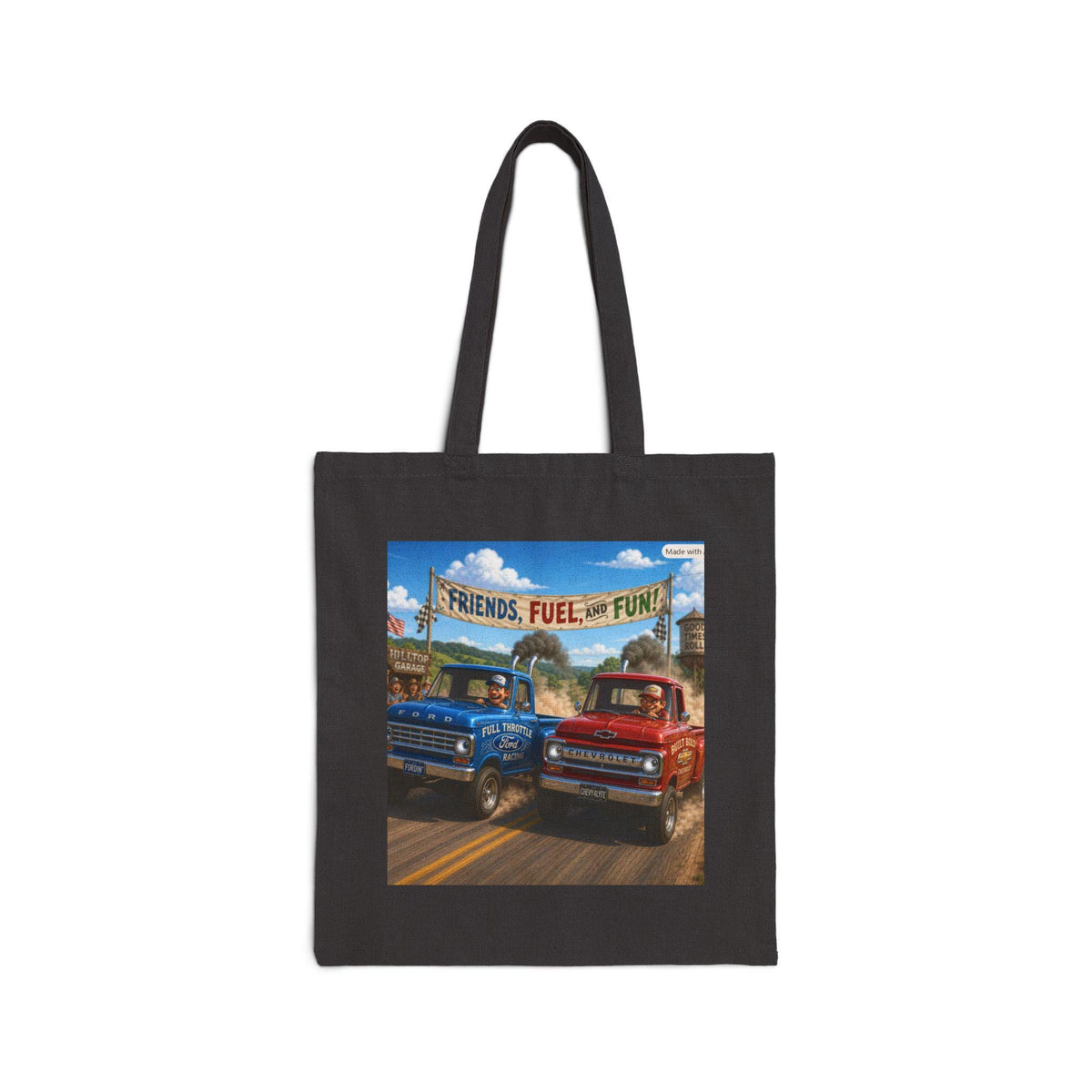 Friends Fuel Fun vintage pickup trucks Tote Bag | retro racing road trip design
