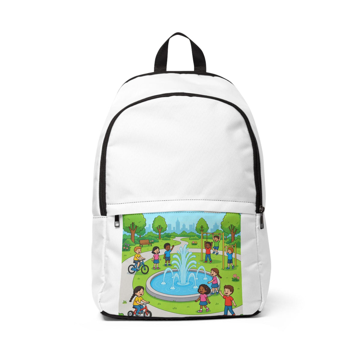 Children Playing in Park backpack | Kids Scene, Fountain, Playground