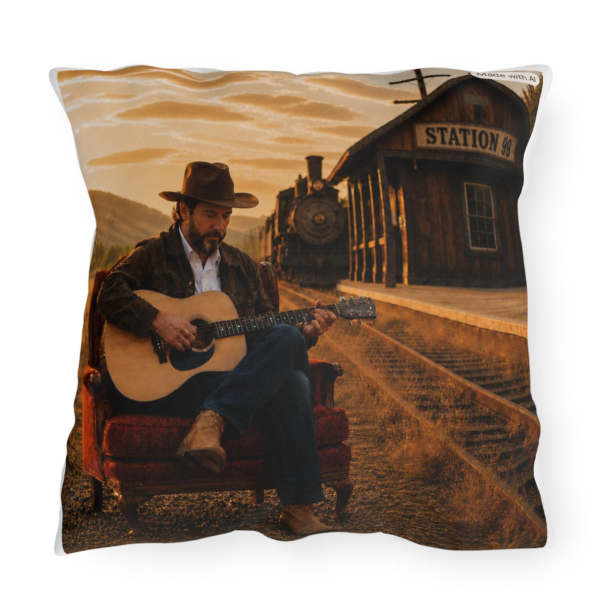 Cowboy Guitarist Scene Outdoor Pillow | Train Station Rustic Western Decor