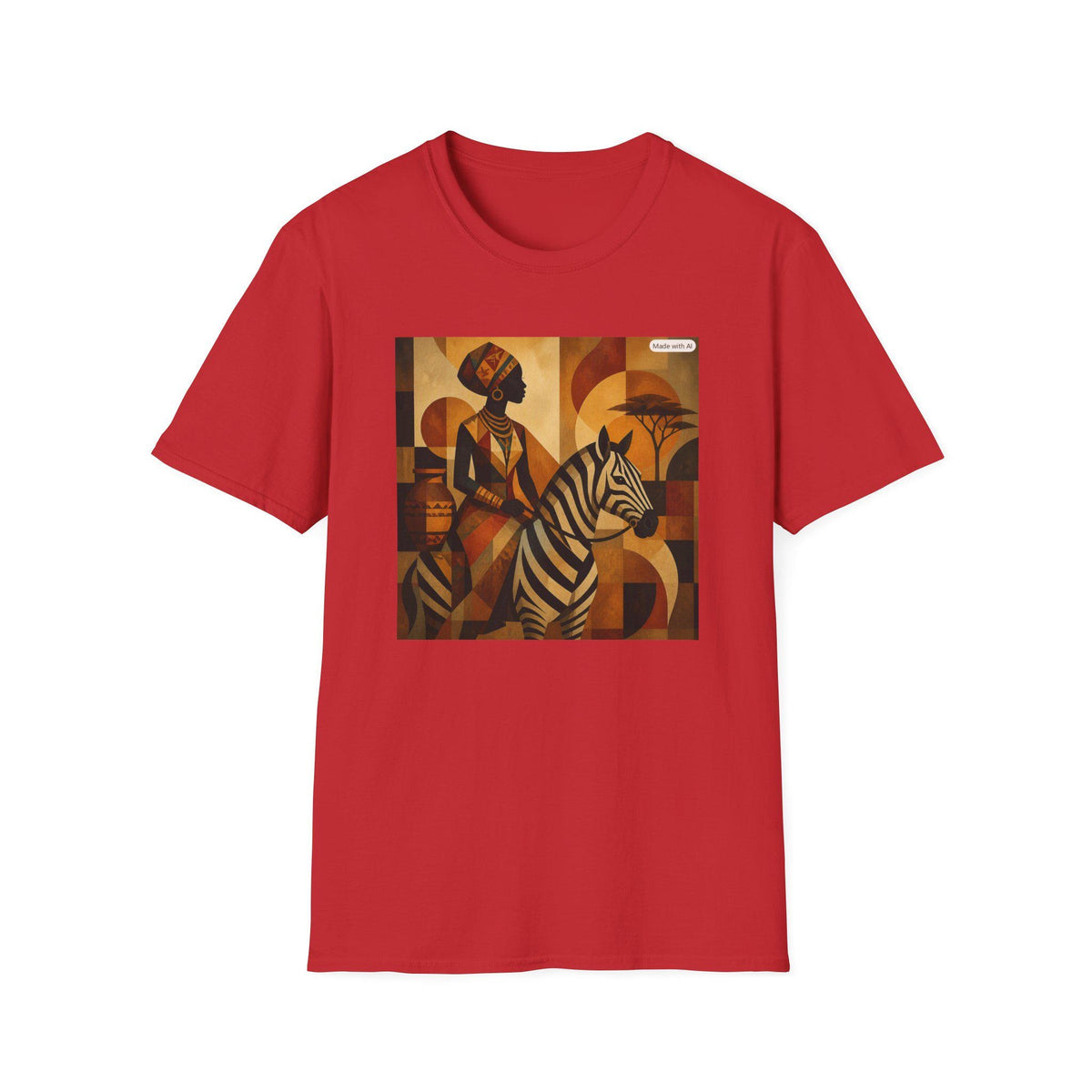 African Woman and Zebra T-Shirt | Abstract Tribal Art, Earth Tones