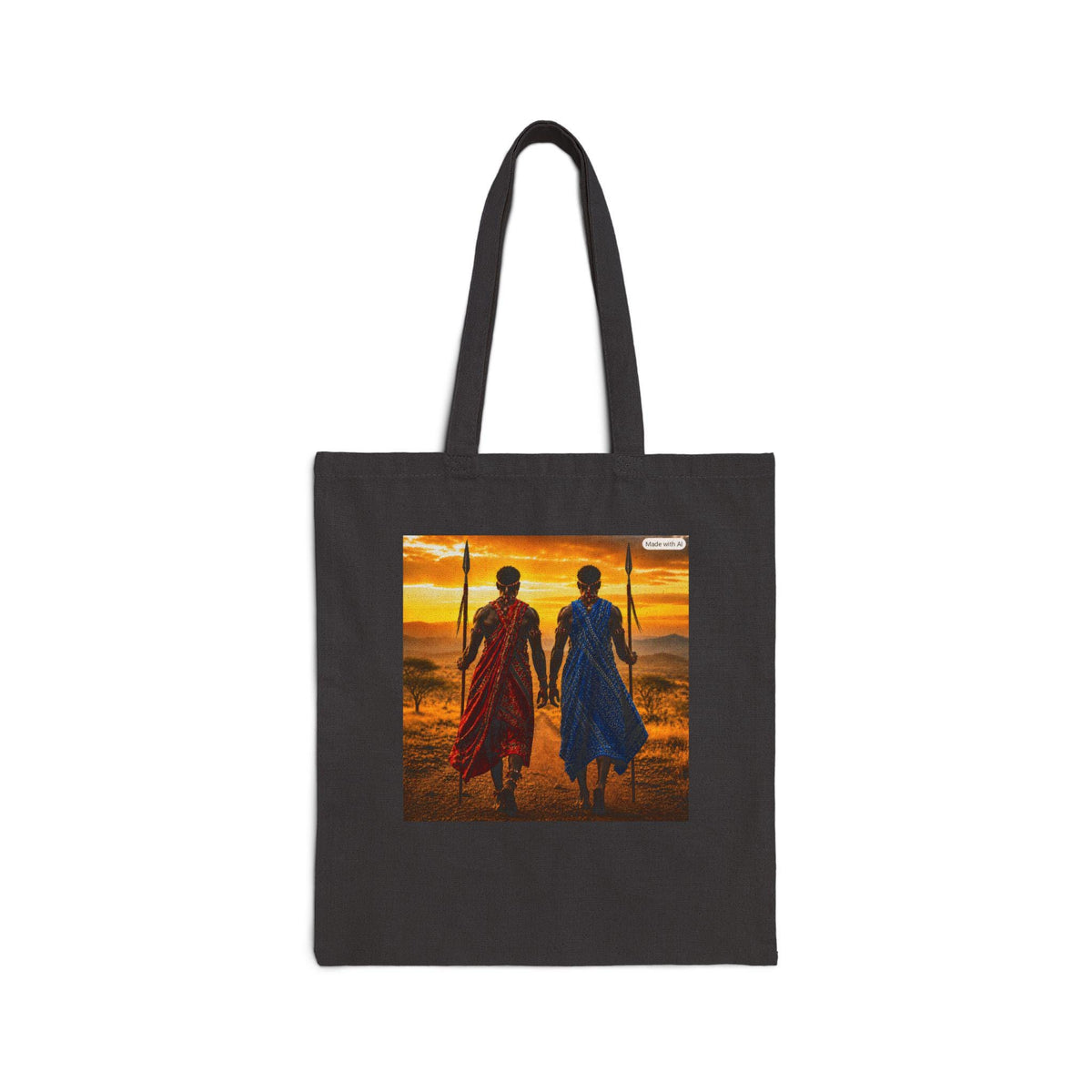 Sunset Warriors tote bag | silhouette duo, walking at sunset