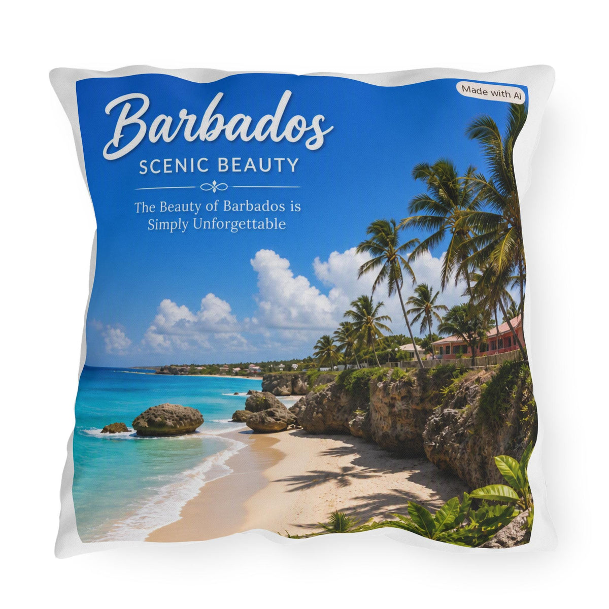 Barbados Scenic Beach Outdoor Pillow | Tropical Palm Beach Decor