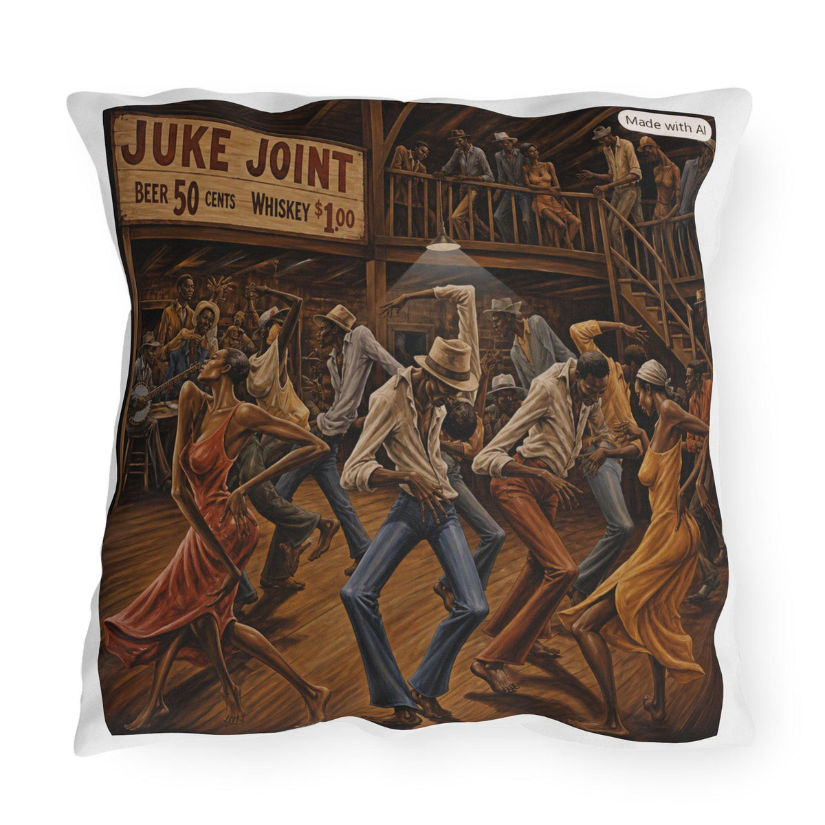 Juke Joint Dance Scene Outdoor Pillow | Vintage Blues Bar Dance Illustration