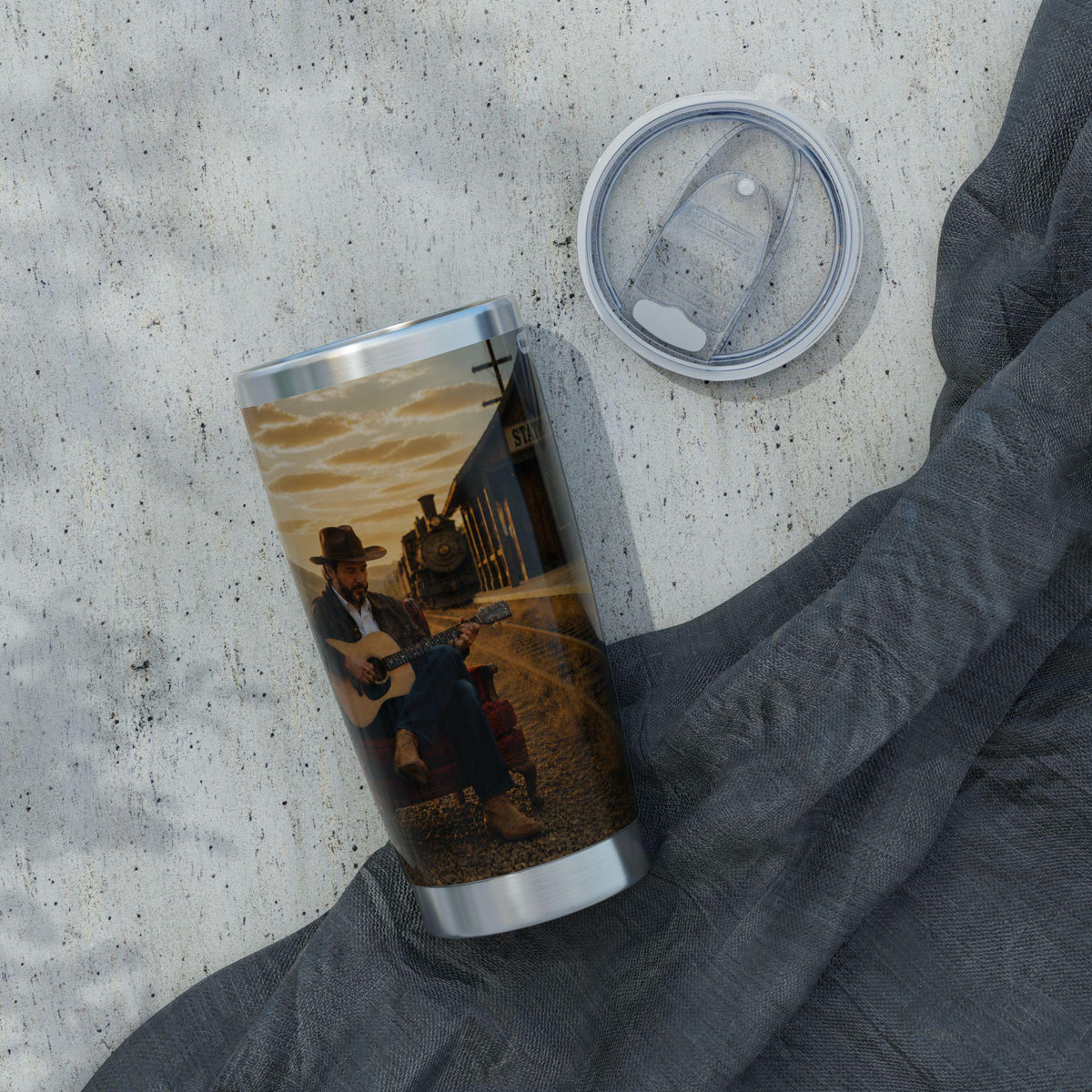Country Vagabond Guitar Player Tumbler | Western Train Station Scene