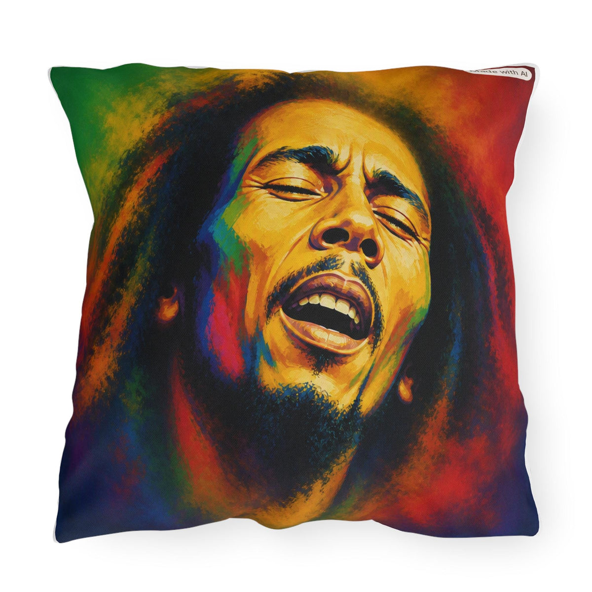 Reggae Rasta Portrait Outdoor Pillow | Colorful Singing Face Cushioned Accent