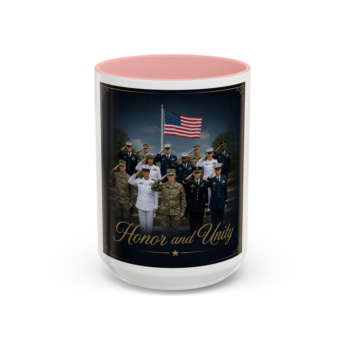 Honor and Unity Military Coffee Mug — Patriotic Veteran Flag Accent 11/15oz