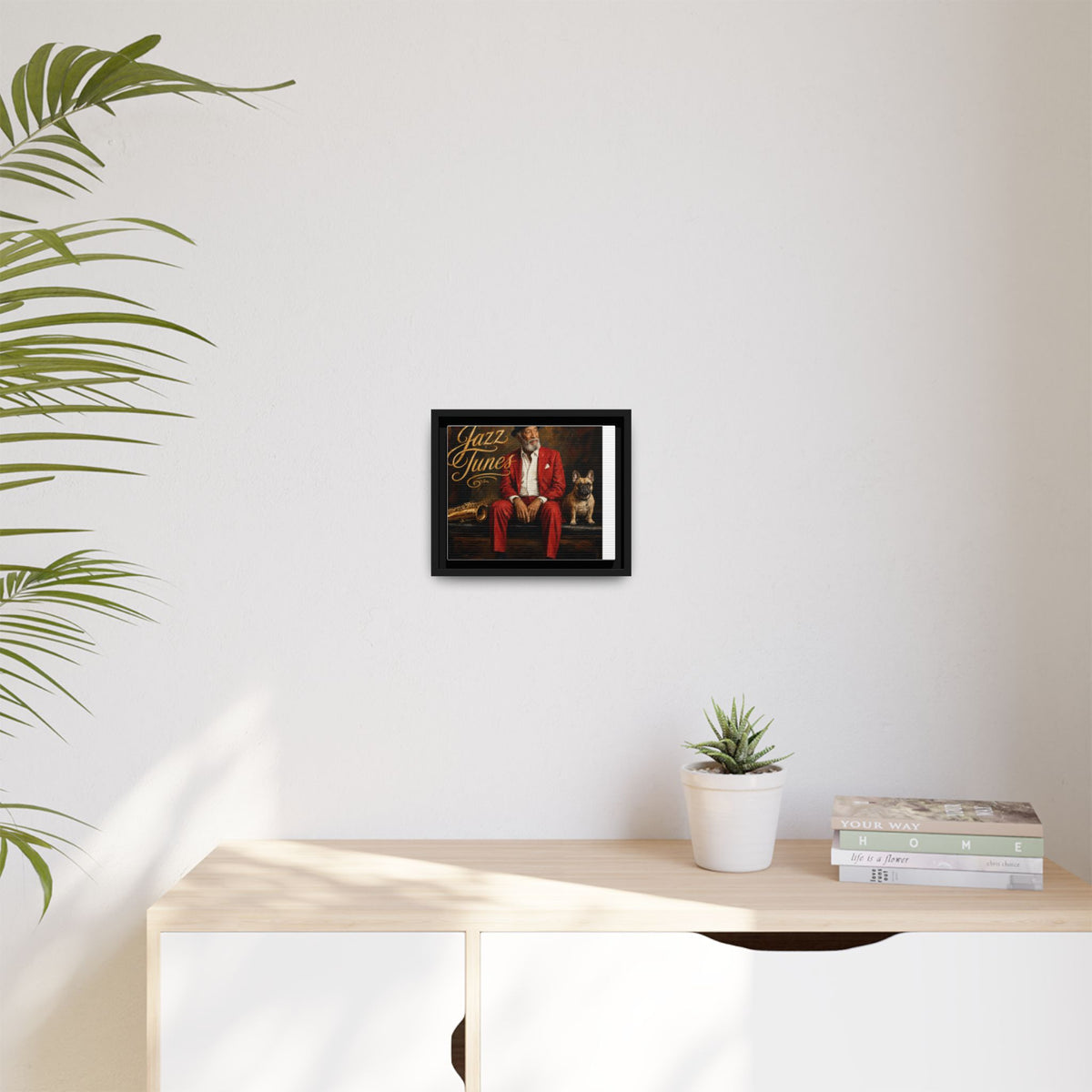 Jazz Tunes Framed Canvas Art – Vintage Jazz Musician with Sax & French Bulldog