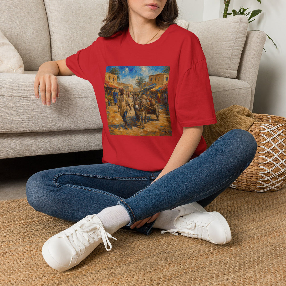 Vintage Mediterranean Market T-Shirt — Rustic Village Street Scene Tee