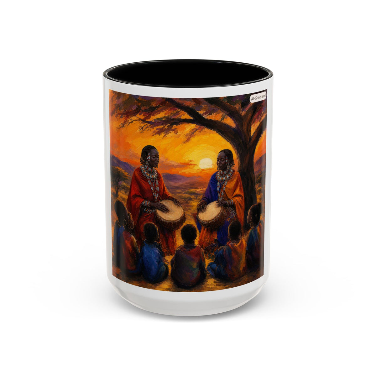 African Sunset Drum Circle Coffee Mug — Vibrant Cultural Art Accent Mug (11/15oz)
