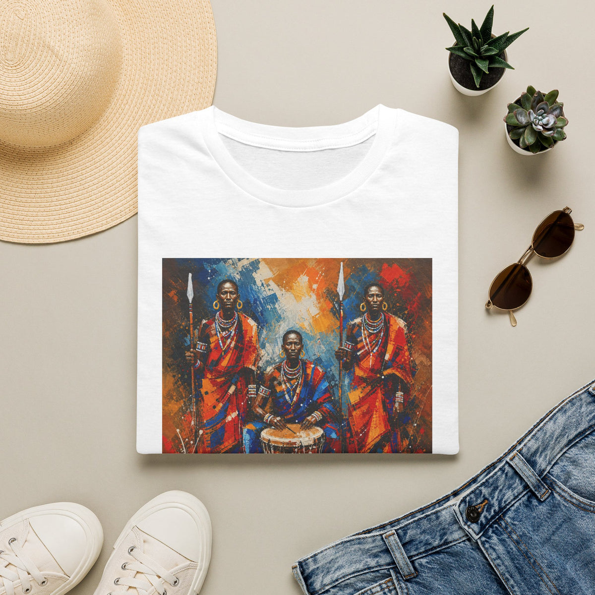 African Drummers Art T-Shirt — Vibrant Maasai Music & Culture Design