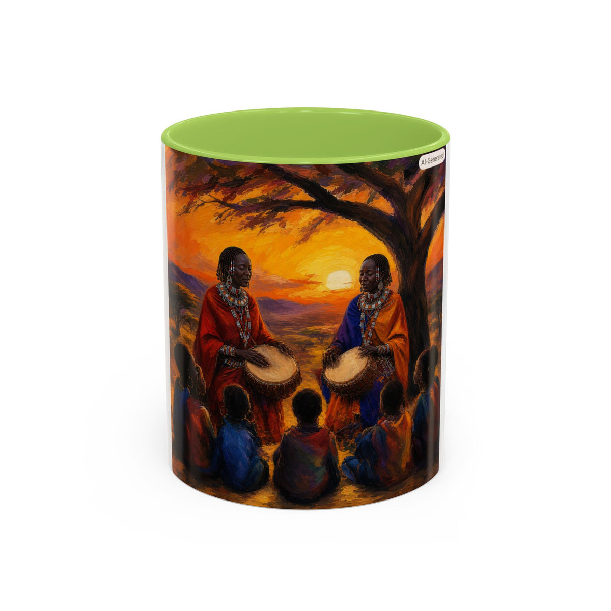 African Sunset Drum Circle Coffee Mug — Vibrant Cultural Art Accent Mug (11/15oz)