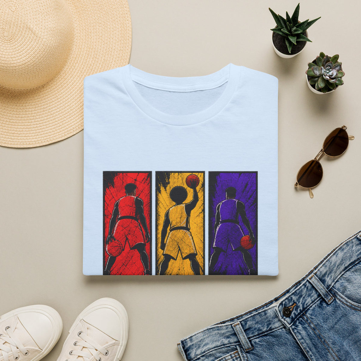 Basketball Triptych T-Shirt — Color Block Dunk Silhouette Tee