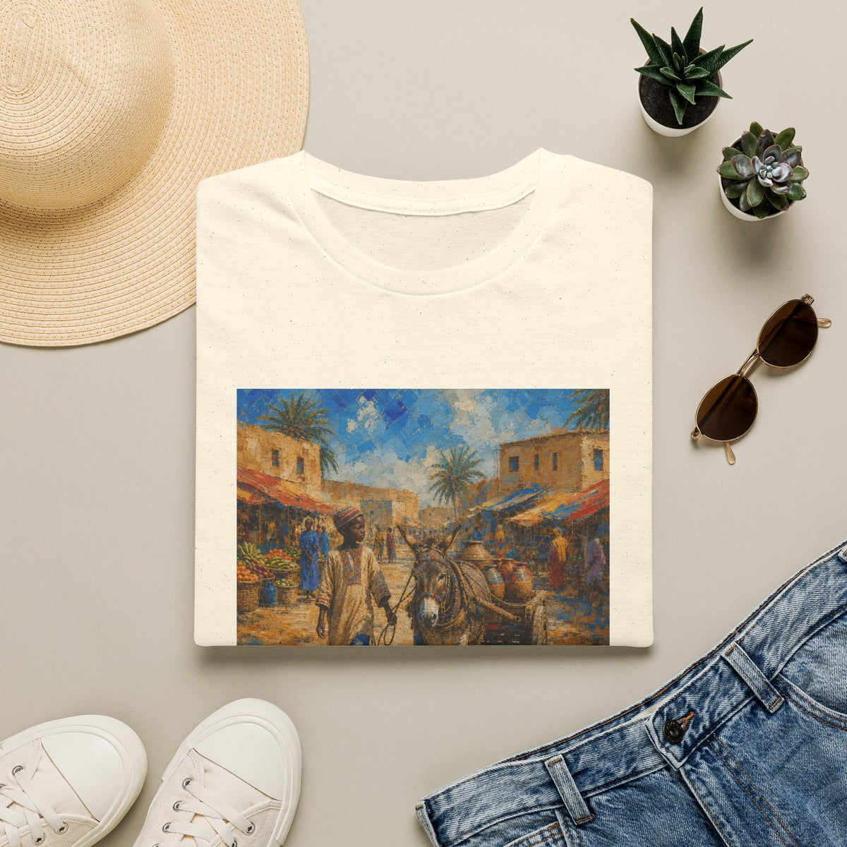 Vintage Mediterranean Market T-Shirt — Rustic Village Street Scene Tee