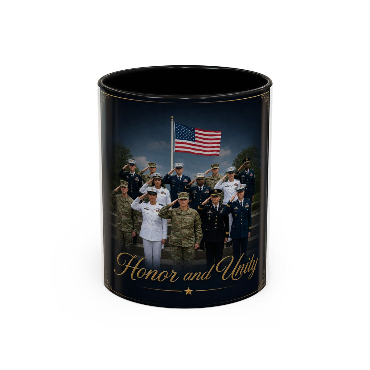Honor and Unity Military Coffee Mug — Patriotic Veteran Flag Accent 11/15oz