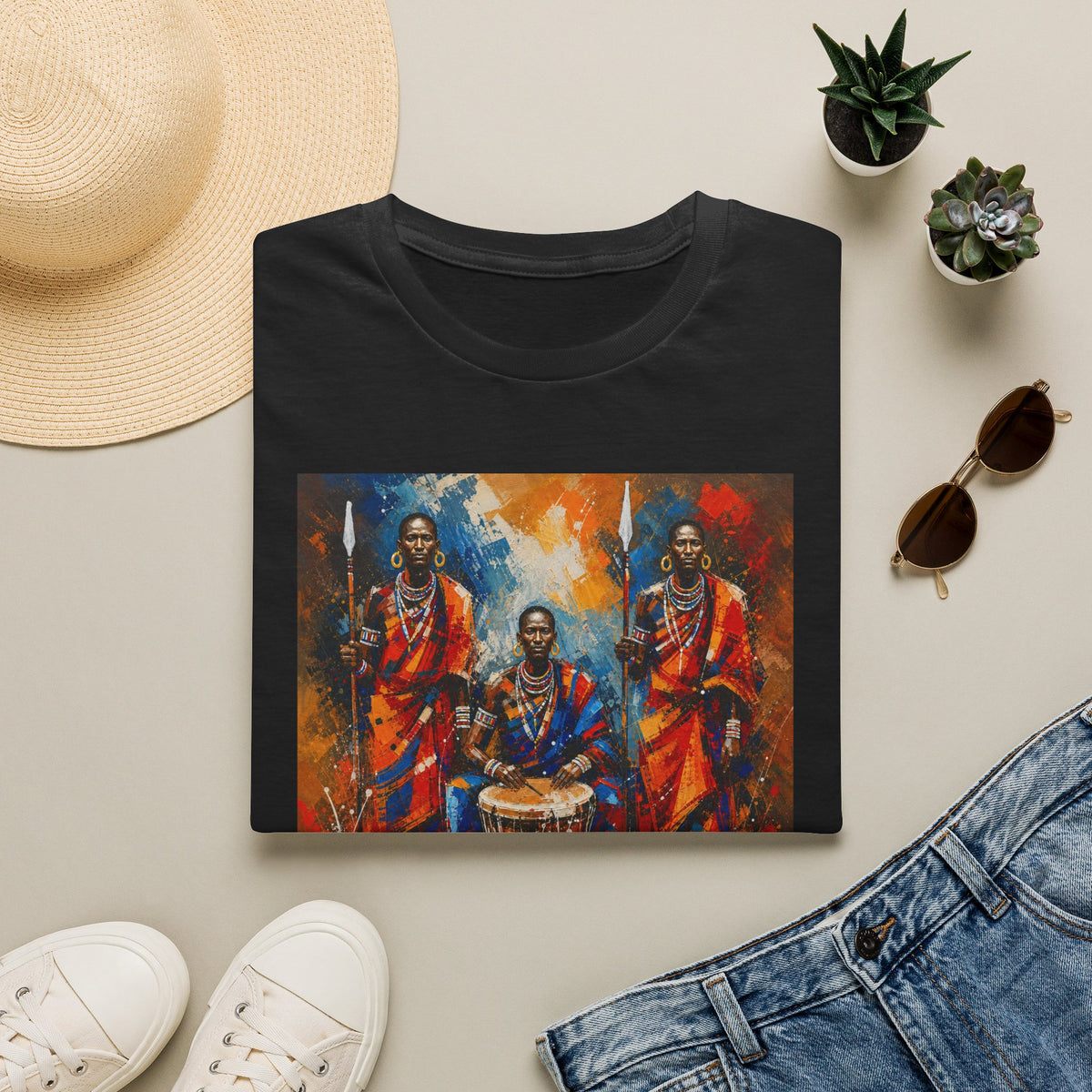 African Drummers Art T-Shirt — Vibrant Maasai Music & Culture Design