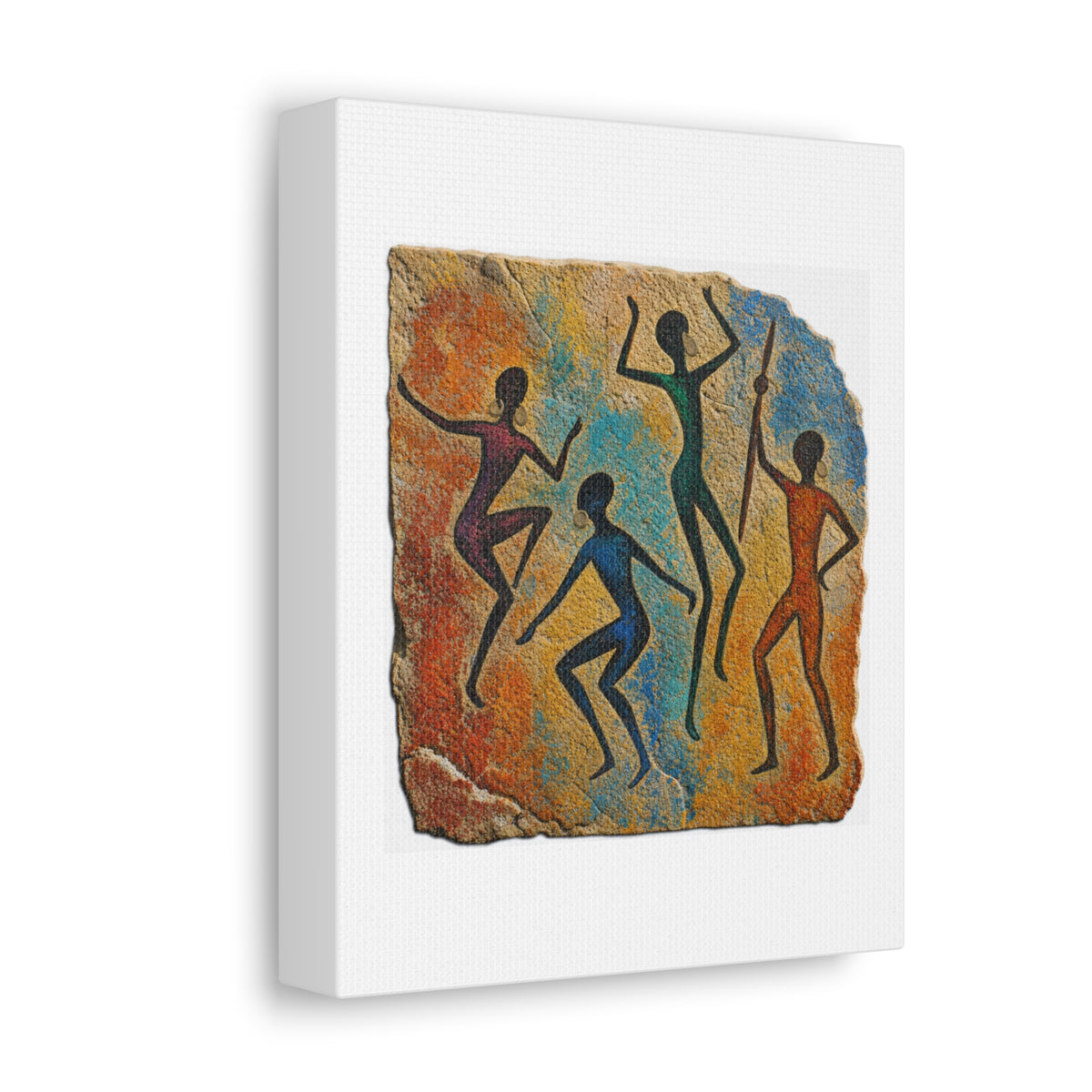 Tribal Dance Stretched Canvas — Colorful Cave Painting Wall Art