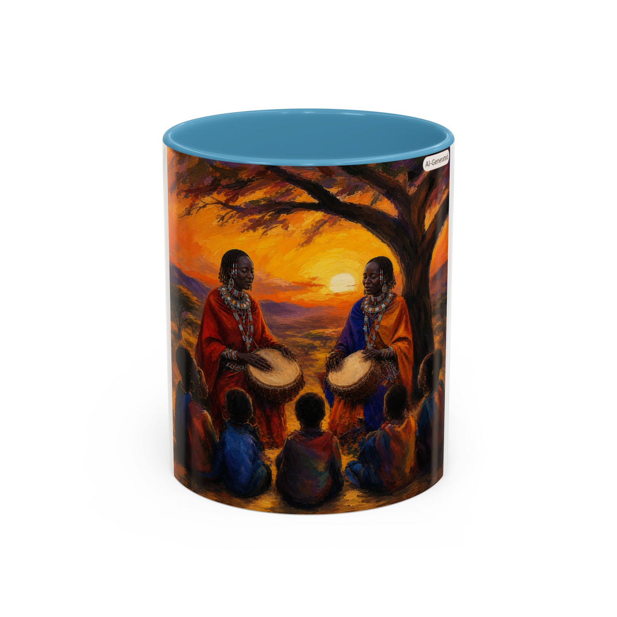 African Sunset Drum Circle Coffee Mug — Vibrant Cultural Art Accent Mug (11/15oz)
