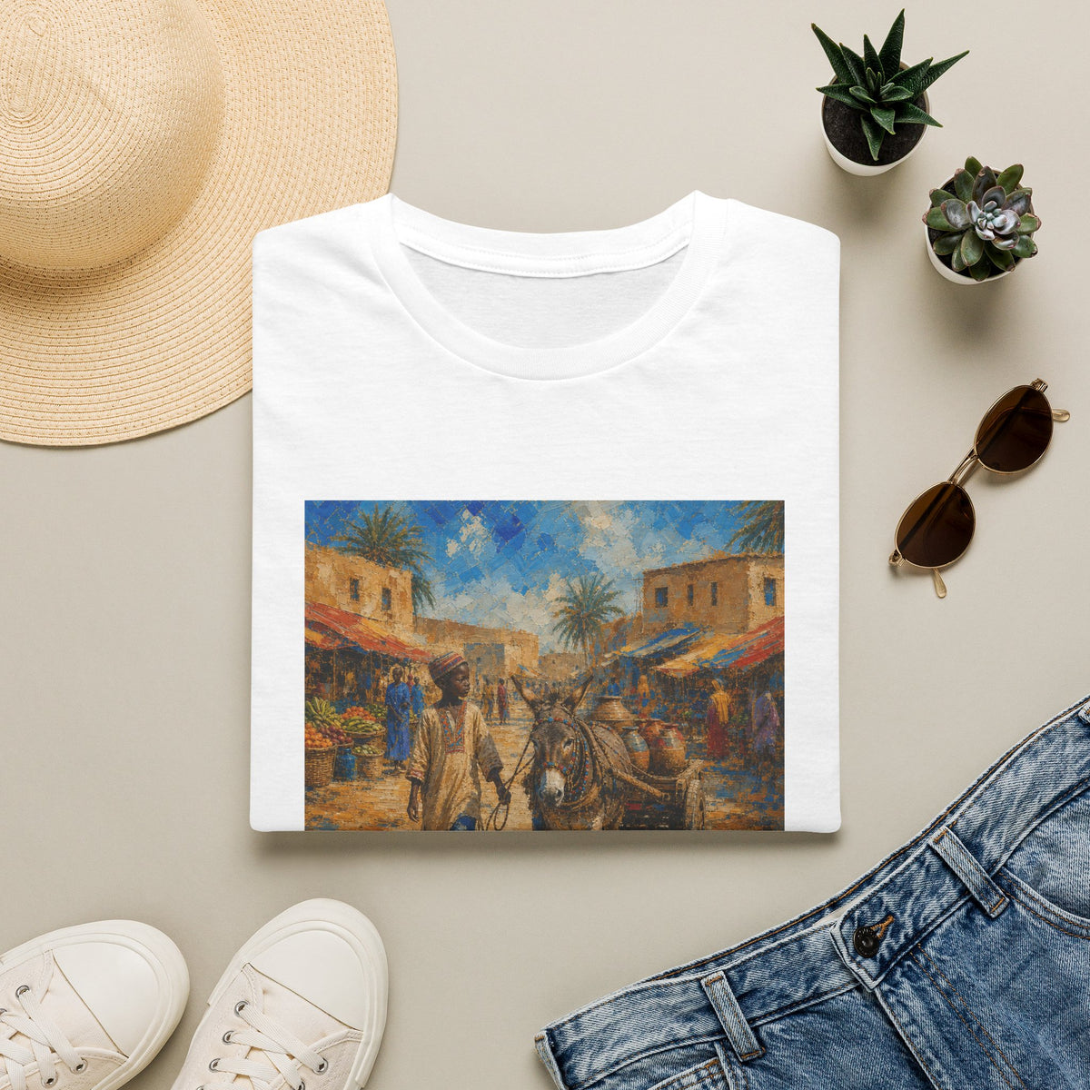 Vintage Mediterranean Market T-Shirt — Rustic Village Street Scene Tee