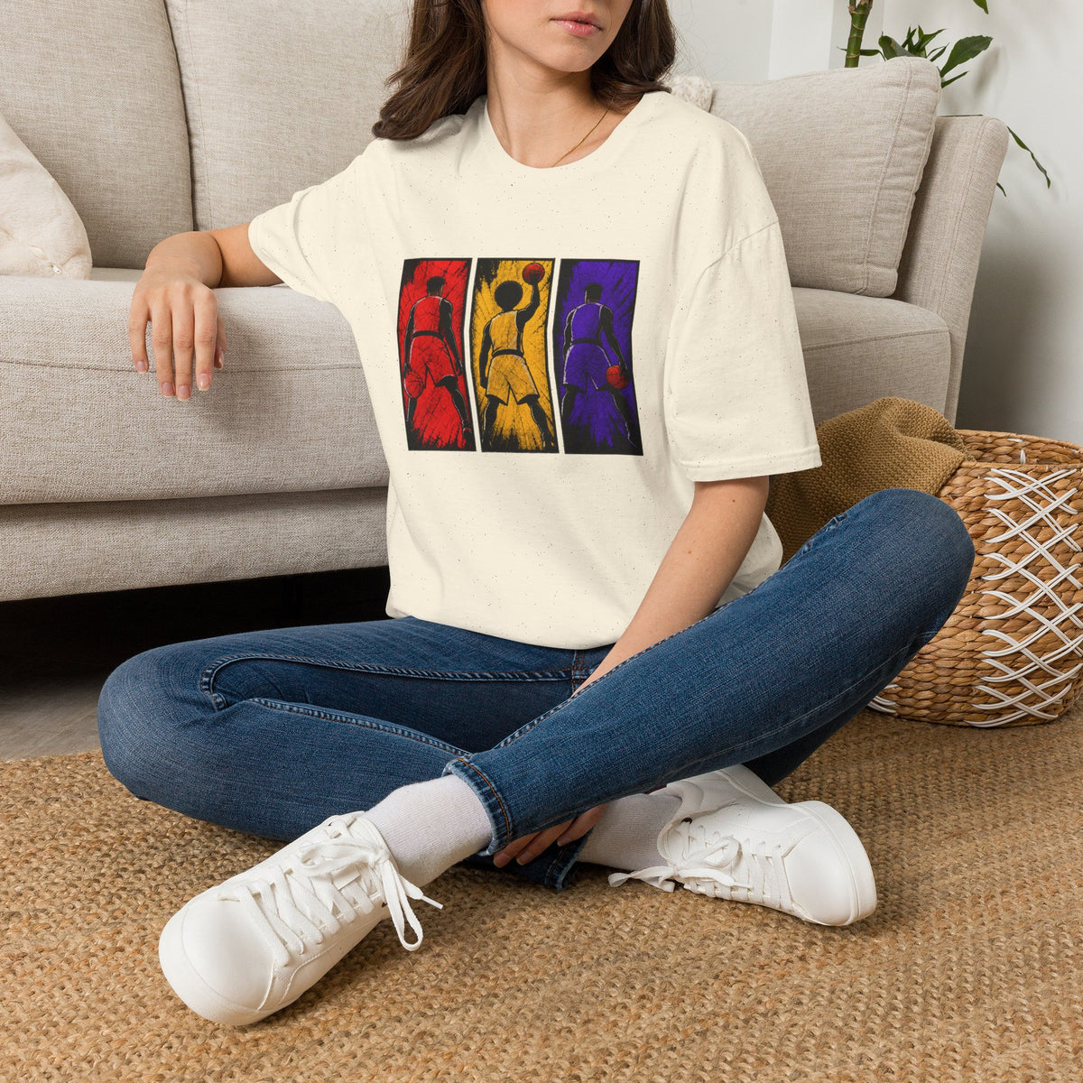 Basketball Triptych T-Shirt — Color Block Dunk Silhouette Tee