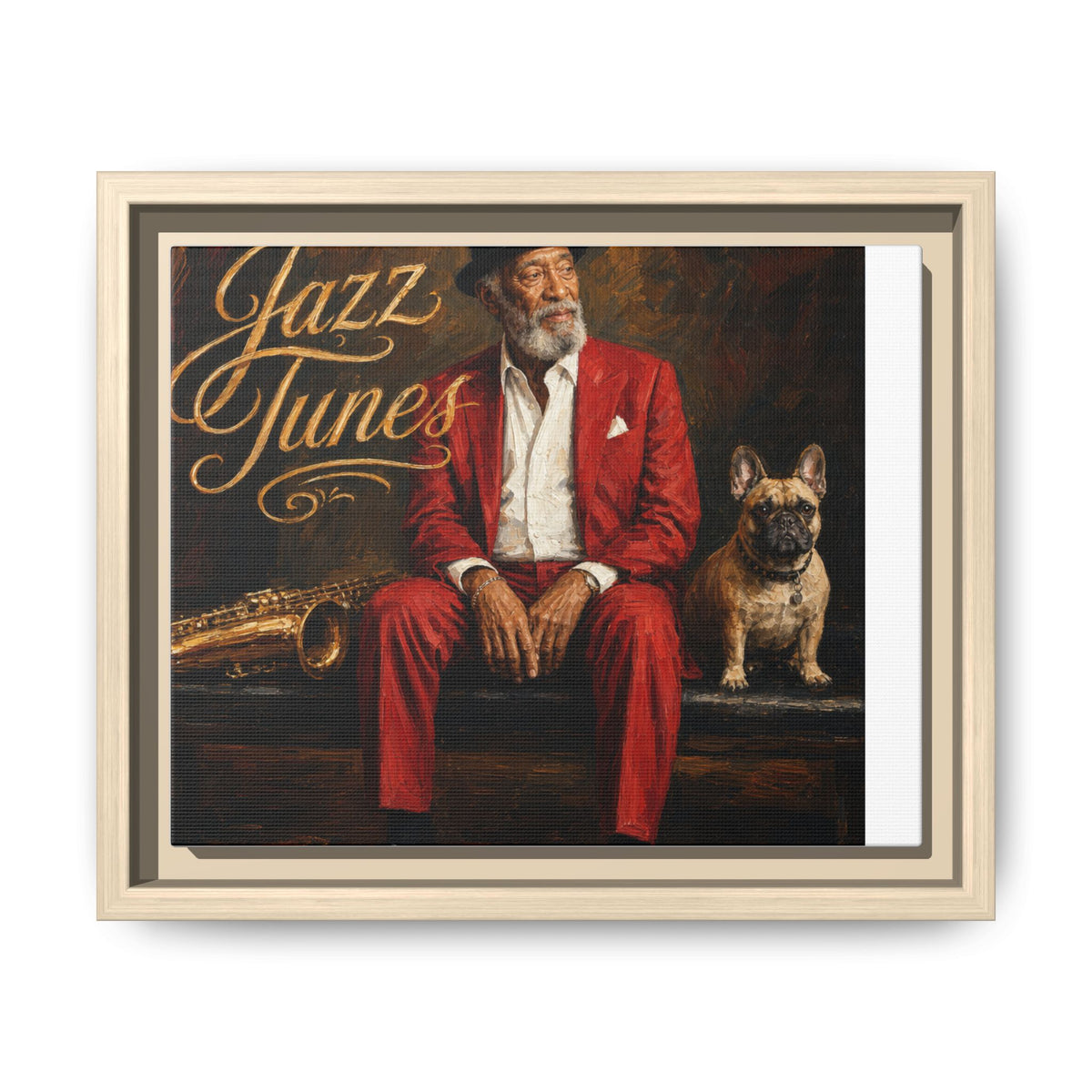 Jazz Tunes Framed Canvas Art – Vintage Jazz Musician with Sax & French Bulldog