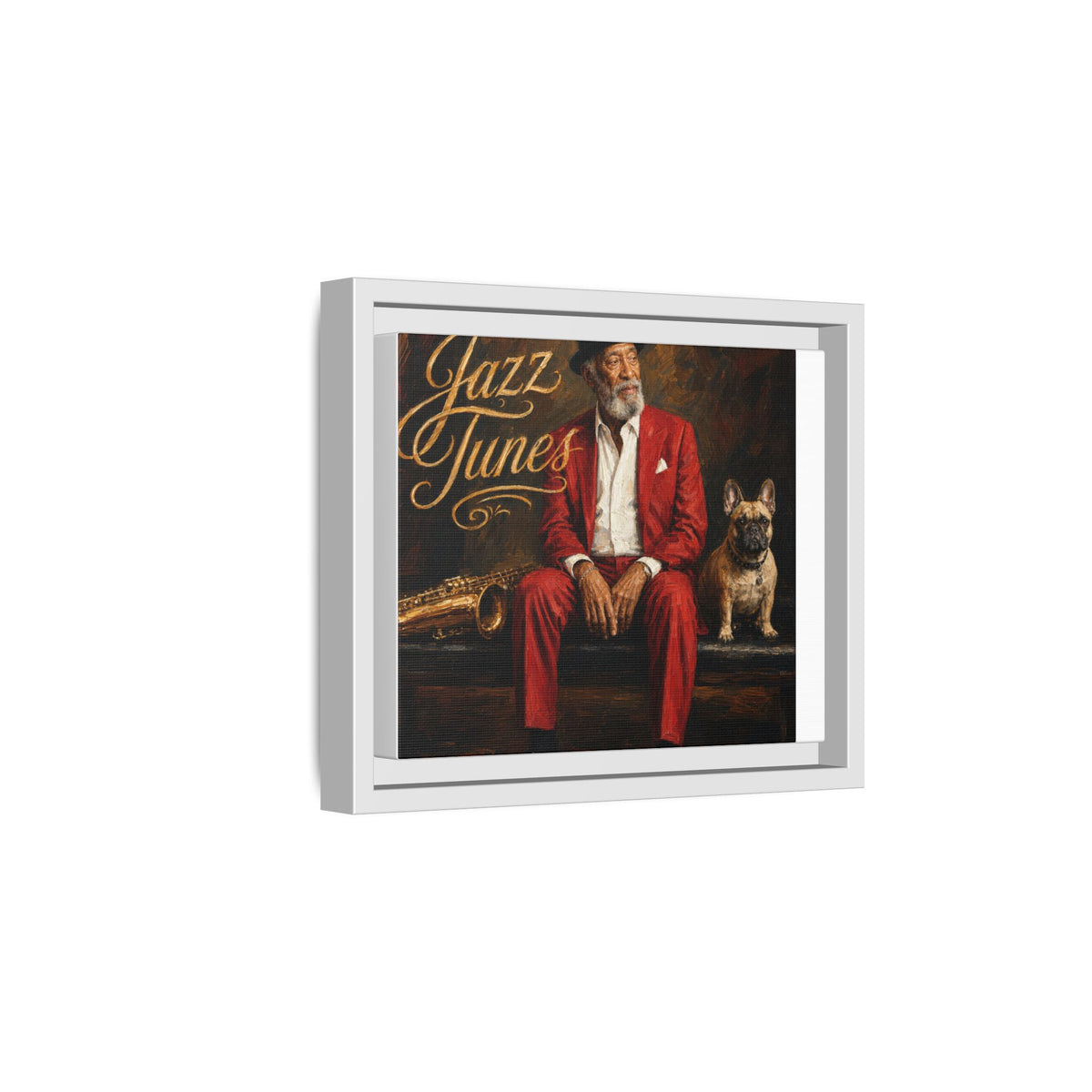 Jazz Tunes Framed Canvas Art – Vintage Jazz Musician with Sax & French Bulldog