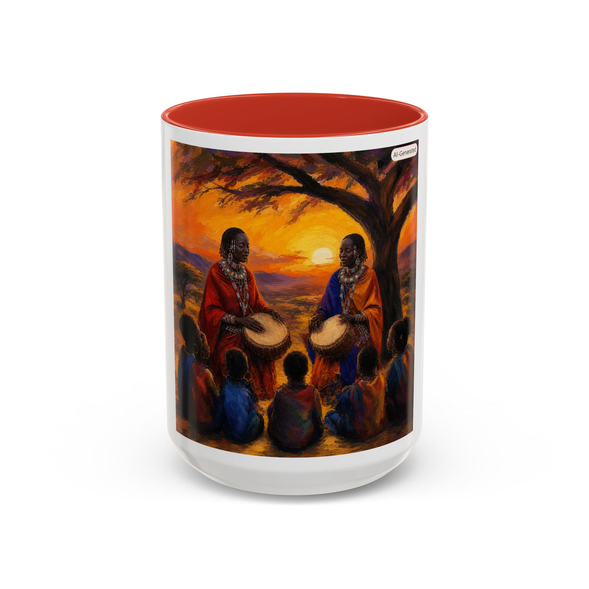 African Sunset Drum Circle Coffee Mug — Vibrant Cultural Art Accent Mug (11/15oz)