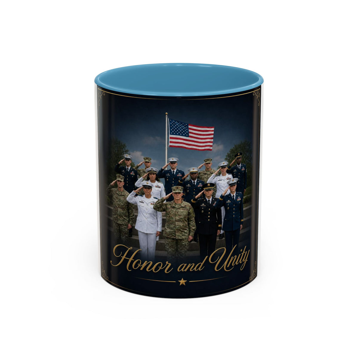 Honor and Unity Military Coffee Mug — Patriotic Veteran Flag Accent 11/15oz
