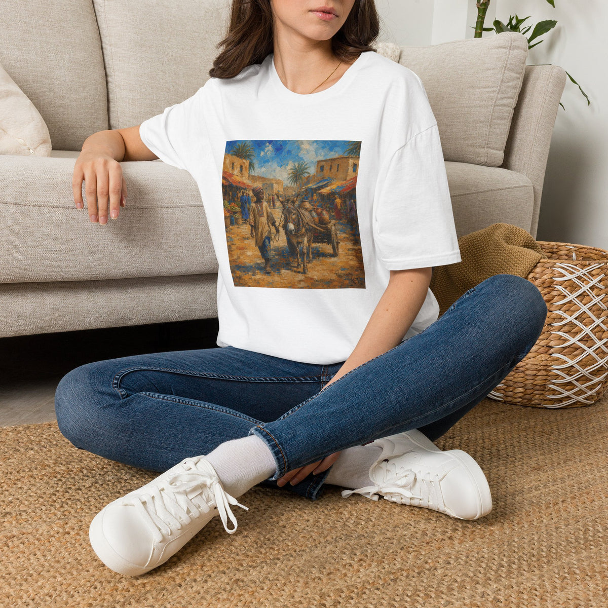 Vintage Mediterranean Market T-Shirt — Rustic Village Street Scene Tee