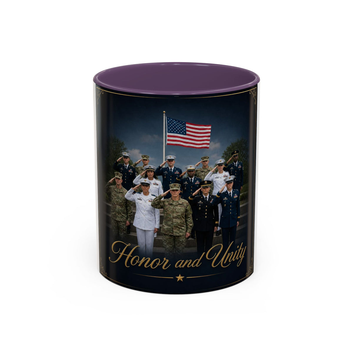 Honor and Unity Military Coffee Mug — Patriotic Veteran Flag Accent 11/15oz