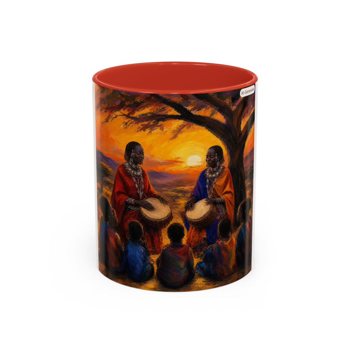 African Sunset Drum Circle Coffee Mug — Vibrant Cultural Art Accent Mug (11/15oz)