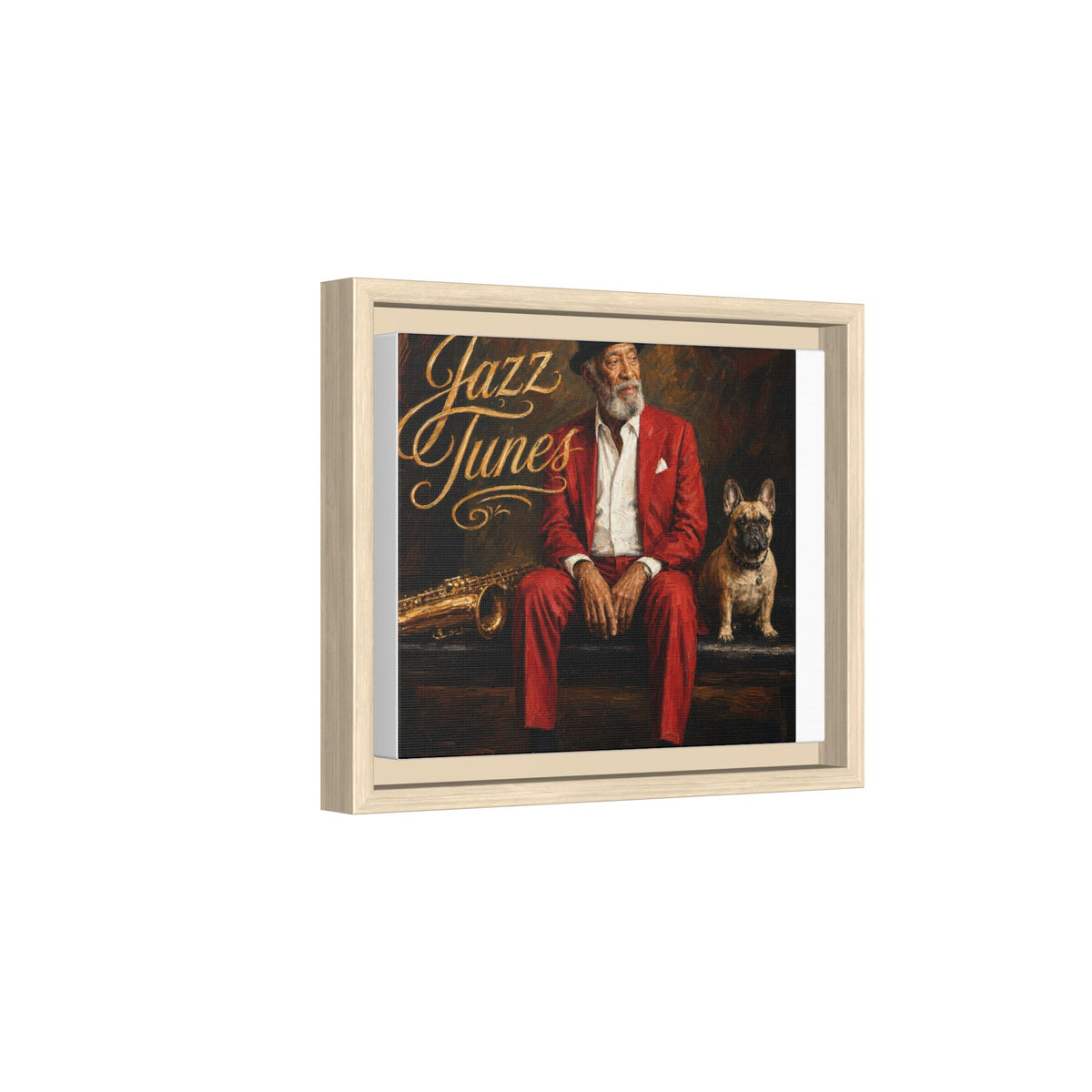 Jazz Tunes Framed Canvas Art – Vintage Jazz Musician with Sax & French Bulldog