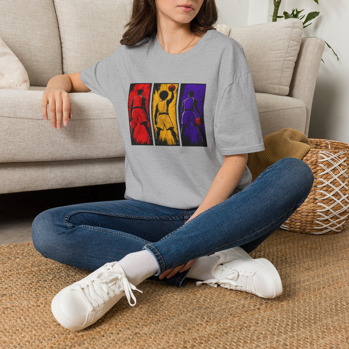 Basketball Triptych T-Shirt — Color Block Dunk Silhouette Tee