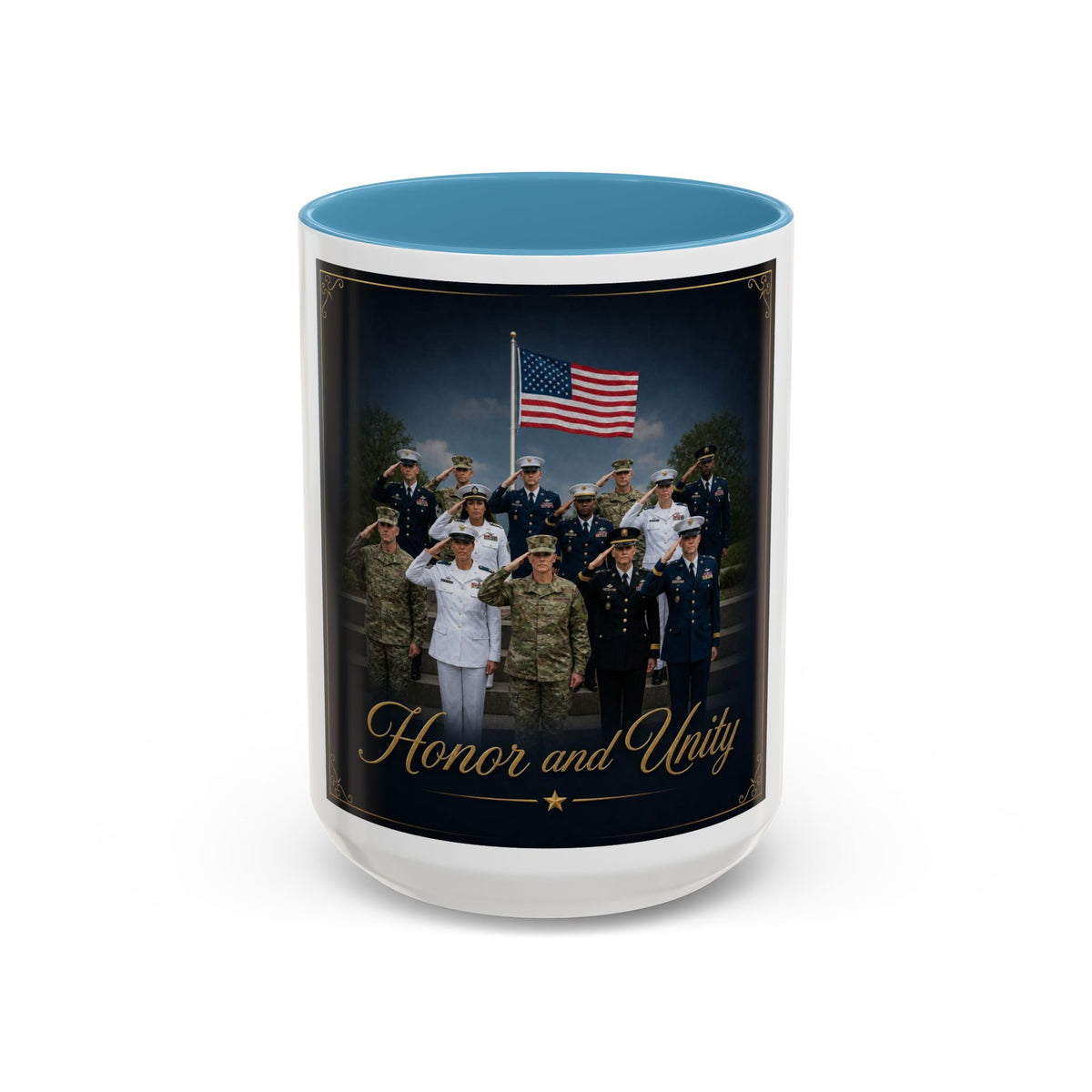 Honor and Unity Military Coffee Mug — Patriotic Veteran Flag Accent 11/15oz