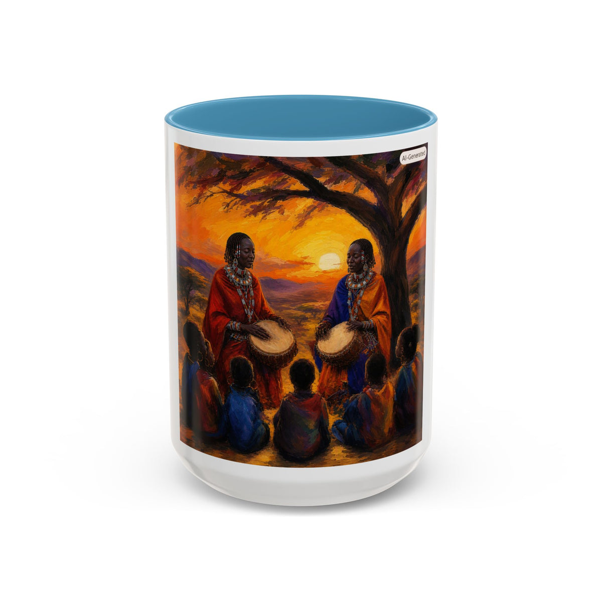 African Sunset Drum Circle Coffee Mug — Vibrant Cultural Art Accent Mug (11/15oz)