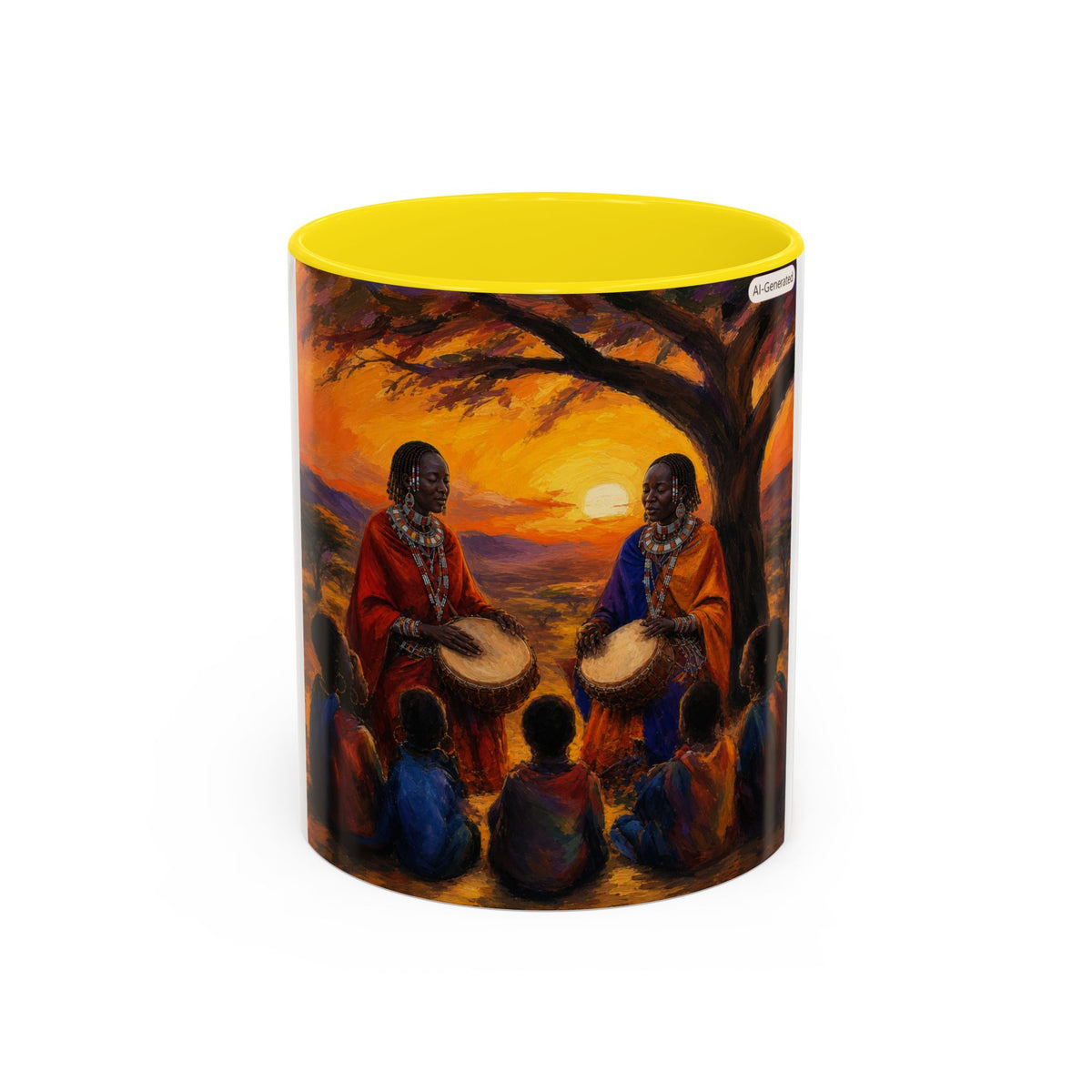 African Sunset Drum Circle Coffee Mug — Vibrant Cultural Art Accent Mug (11/15oz)