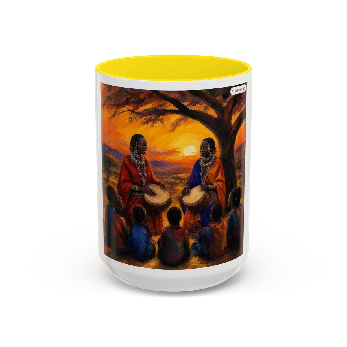 African Sunset Drum Circle Coffee Mug — Vibrant Cultural Art Accent Mug (11/15oz)