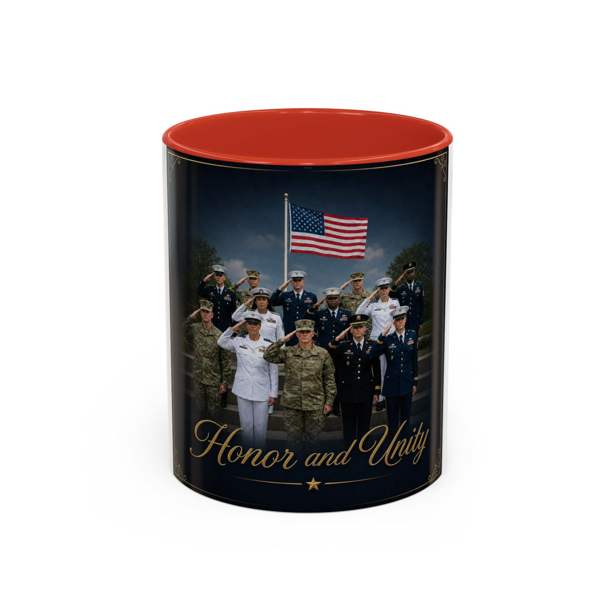 Honor and Unity Military Coffee Mug — Patriotic Veteran Flag Accent 11/15oz