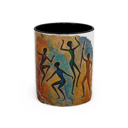 Tribal Dance Accent Coffee Mug – Colorful Cave Painting Silhouette Art (11/15oz)