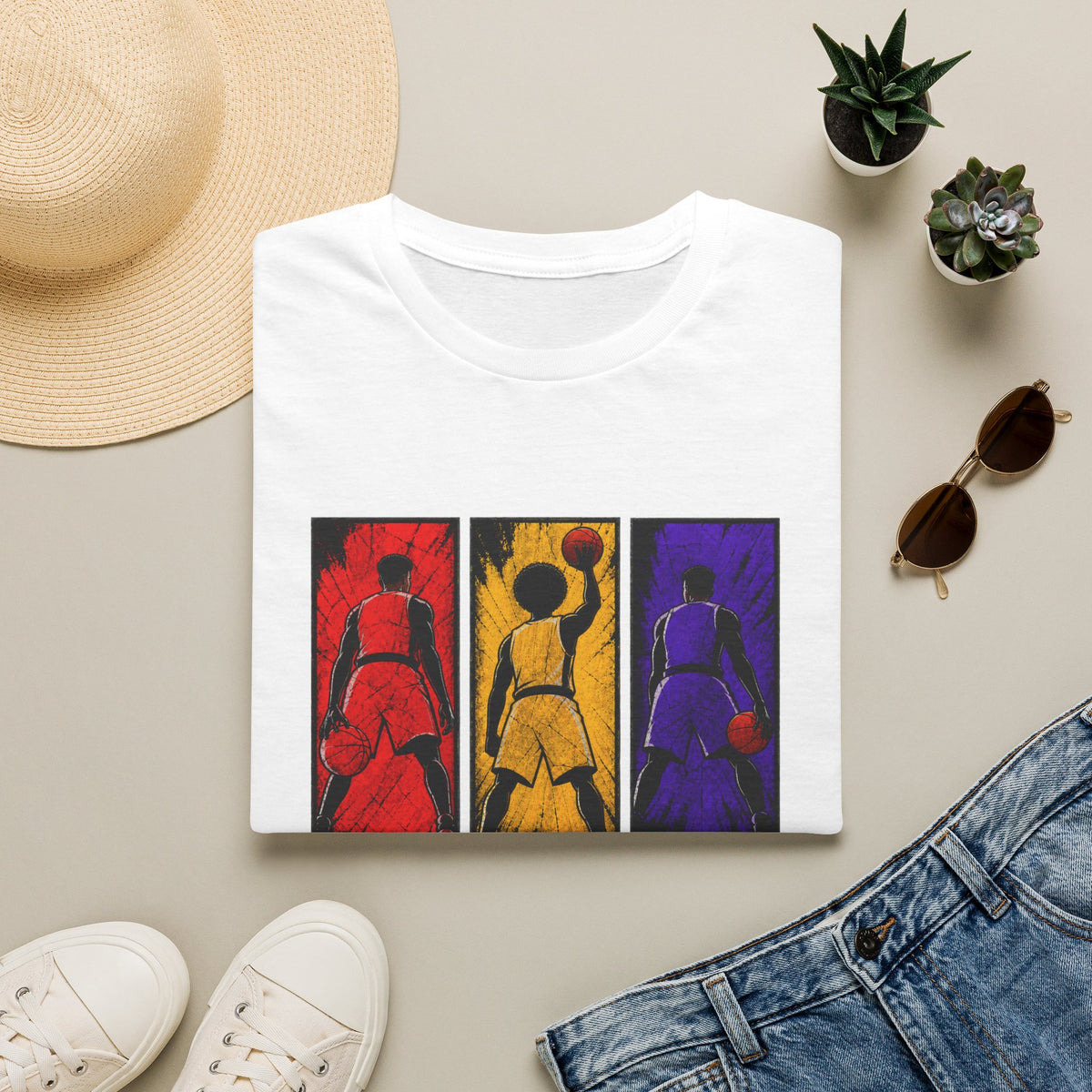 Basketball Triptych T-Shirt — Color Block Dunk Silhouette Tee